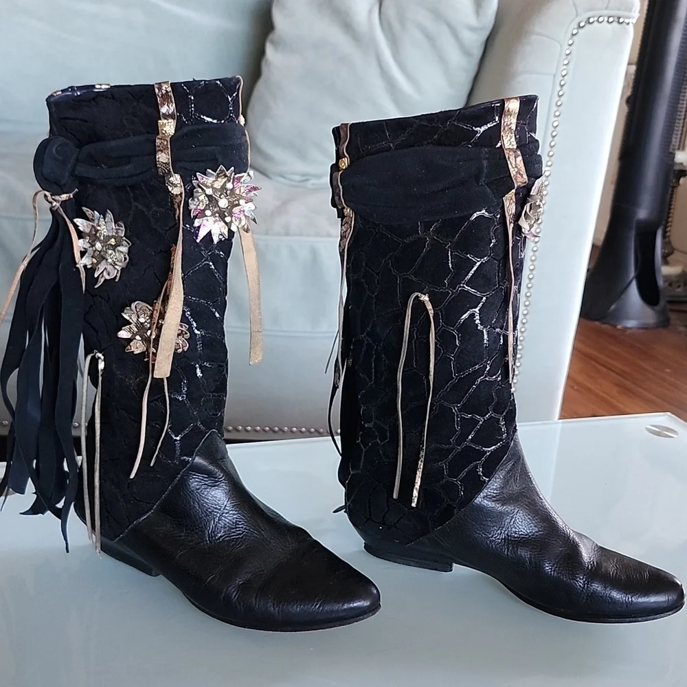 El Vaquero Boho Western Fringy Rhinestone Coastal Cowgirl Festival Boots Size 35